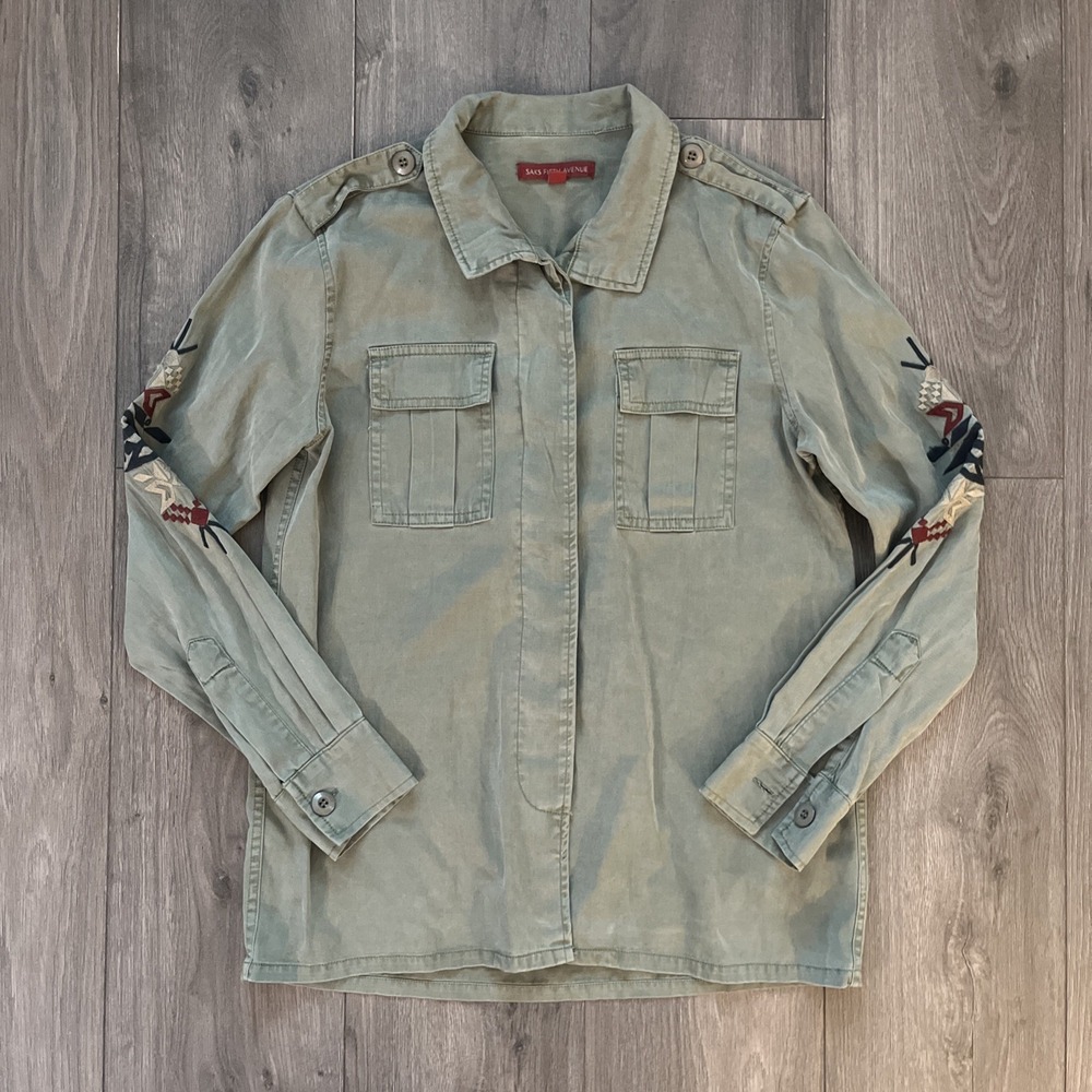 Saks Fifth Avenue Womens S Army Green Button Up Shirt Southwestern Embroidery